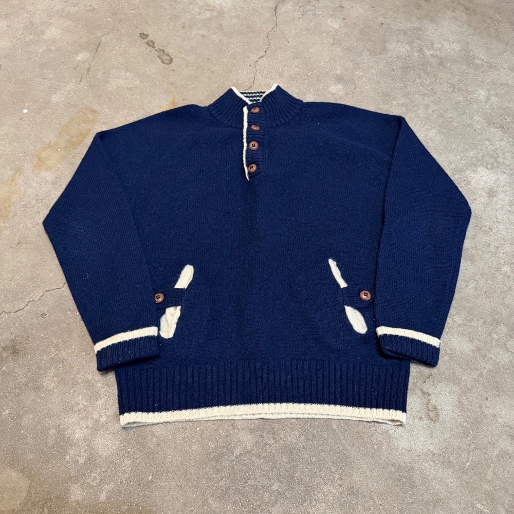 Vintage 70s Sears Kings Road Sweater Mens L Navy Blue Wool Mock Neck Henley